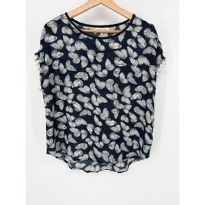 Your‎ Story Butterfly Print Short Sleeve Top Pom Pom Trim Navy Blue Women's S